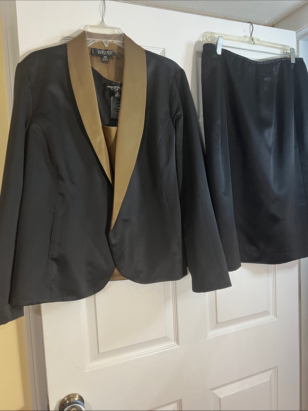 Kasper Black Skirt Set with Gold Shawl Lapel